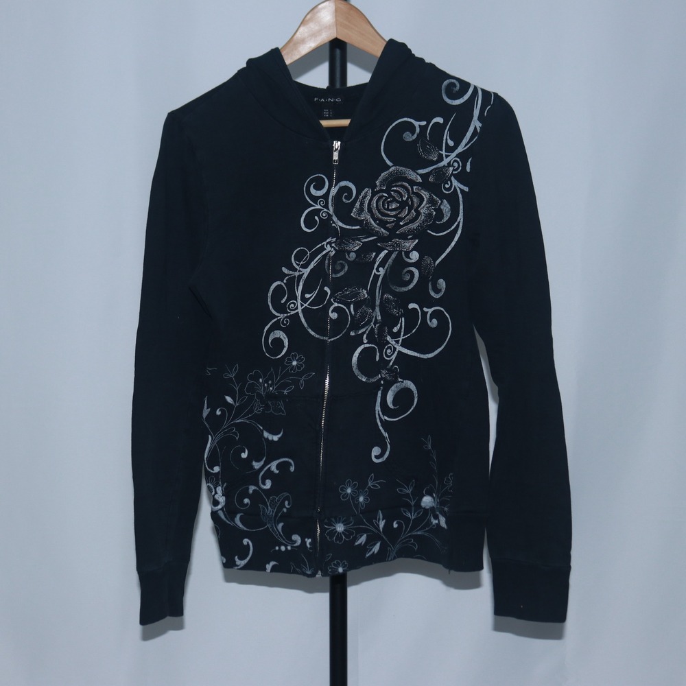 FANG Womens Graphic Y2K Long Sleeve Hoodie Black White Embroidered Rose Size L